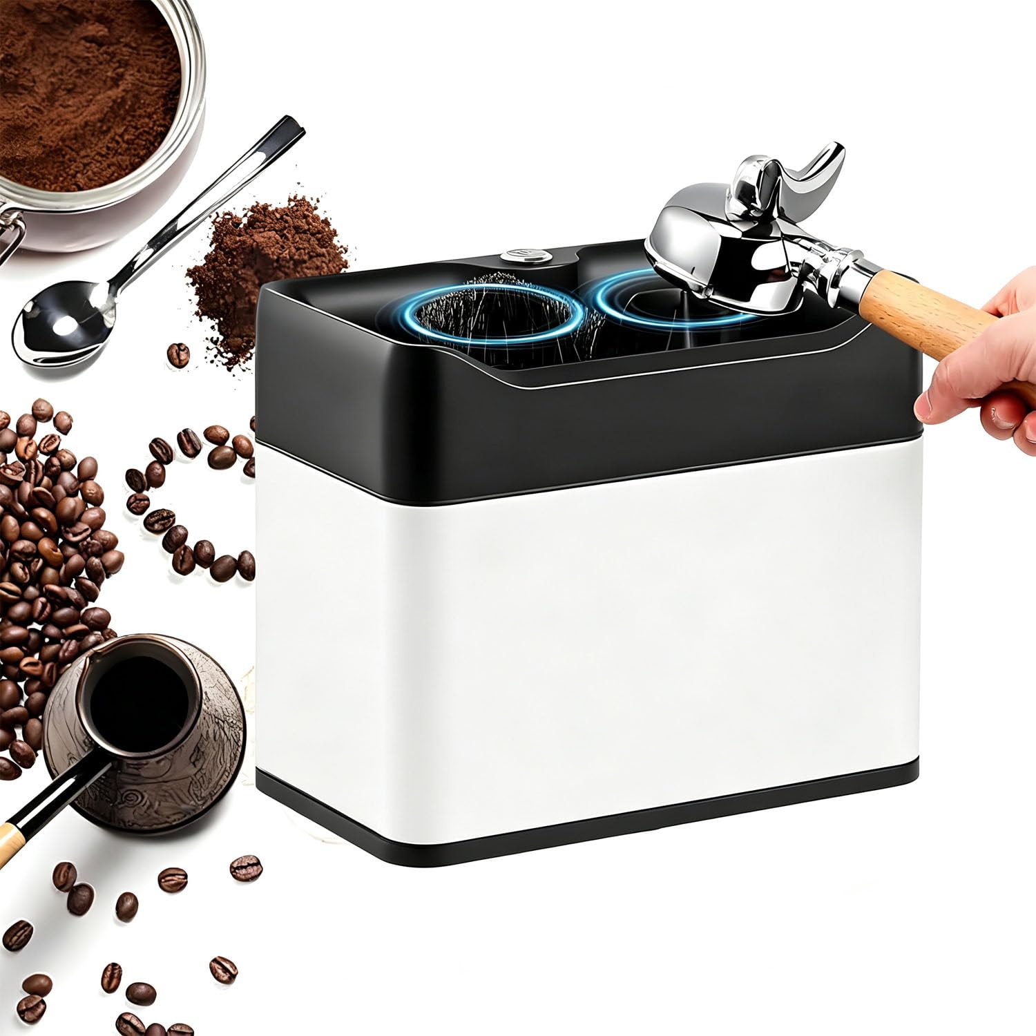 Limpiador eléctrico de portafiltros para cafetera Espresso White | Elimina los posos de café de los portafiltros de 58 mm gracias a sus cepillos giratorios y raspadores integrados.