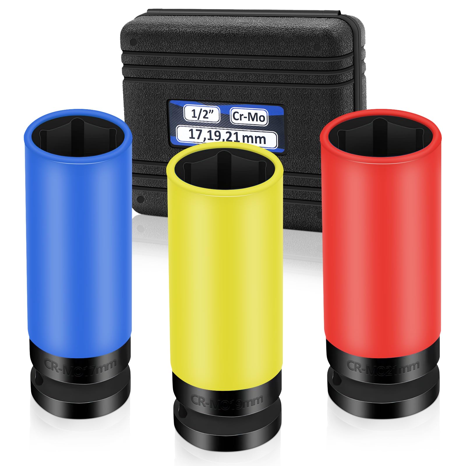 Impact Wrench Nut Set, 1/2 Inch Socket Spanner Set 17 mm 19 mm 21 mm, Power Protection Insert with Plastic Sleeve, 3 Pieces Cr-Mo Protective Nuts for Torque and Impact Wrenches with Storage Box