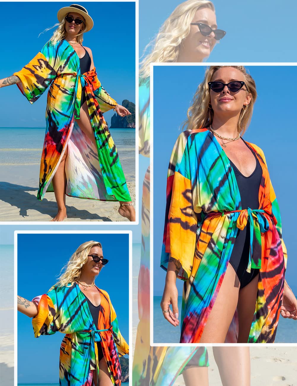Damskie kimono, kardigan, letnia sukienka plażowa, długie ponczo plażowe, maxi pareo, nadruk kwiatowy, Kolor 24, jeden rozmiar