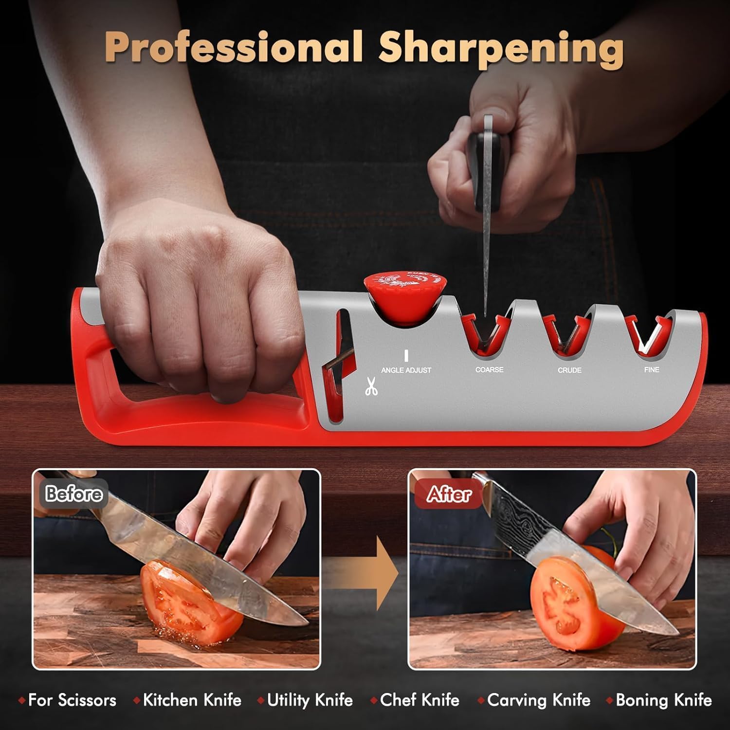 Afilador de cuchillos profesional manual 4 en 1 con botón ajustable de 6 velocidades, afilador de cuchillos multifunción profesional para reparar y pulir cuchillos y tijeras