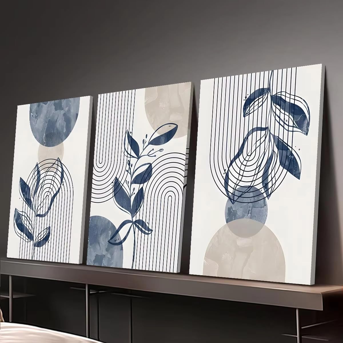 Cuadro decorativo impreso en lienzo sin marco, pintura botánica bohemia, pintura artística en verde salvia, beige y azul marino (70x100cm (28x39in) x3/Sin marco)