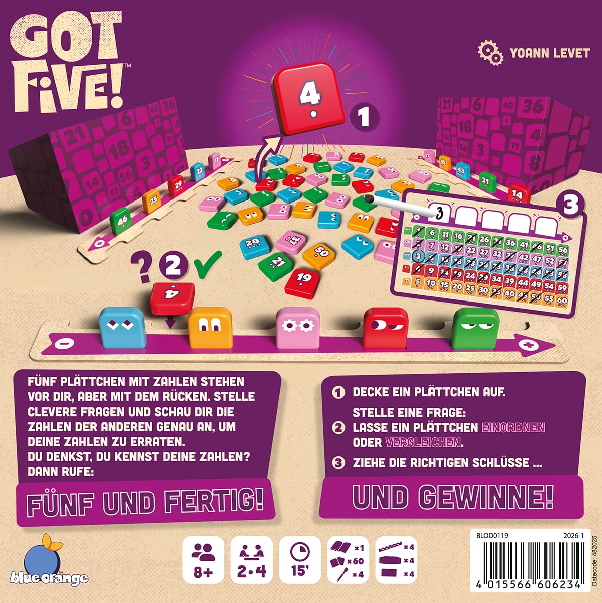Blue Orange, Got Five!, wersja DE, szybka gra rodzinna dla 2-4 graczy w wieku od 8 lat, rozbij kod swoimi wnioskami, 15 minut gry na grę