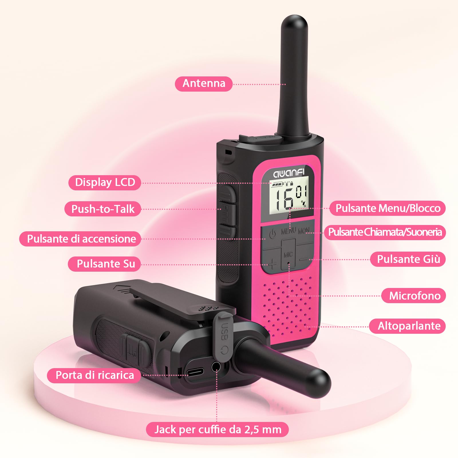 Walkie-Talkie Ricaricabili, Walkie Talkie per Bambini Adulti, con 1200mAh Batteria al Litio, Ricetrasmittenti 16 Canali VOX a Lungo Raggio, Walki Talki per Regalo, Campeggio, Escursioni
