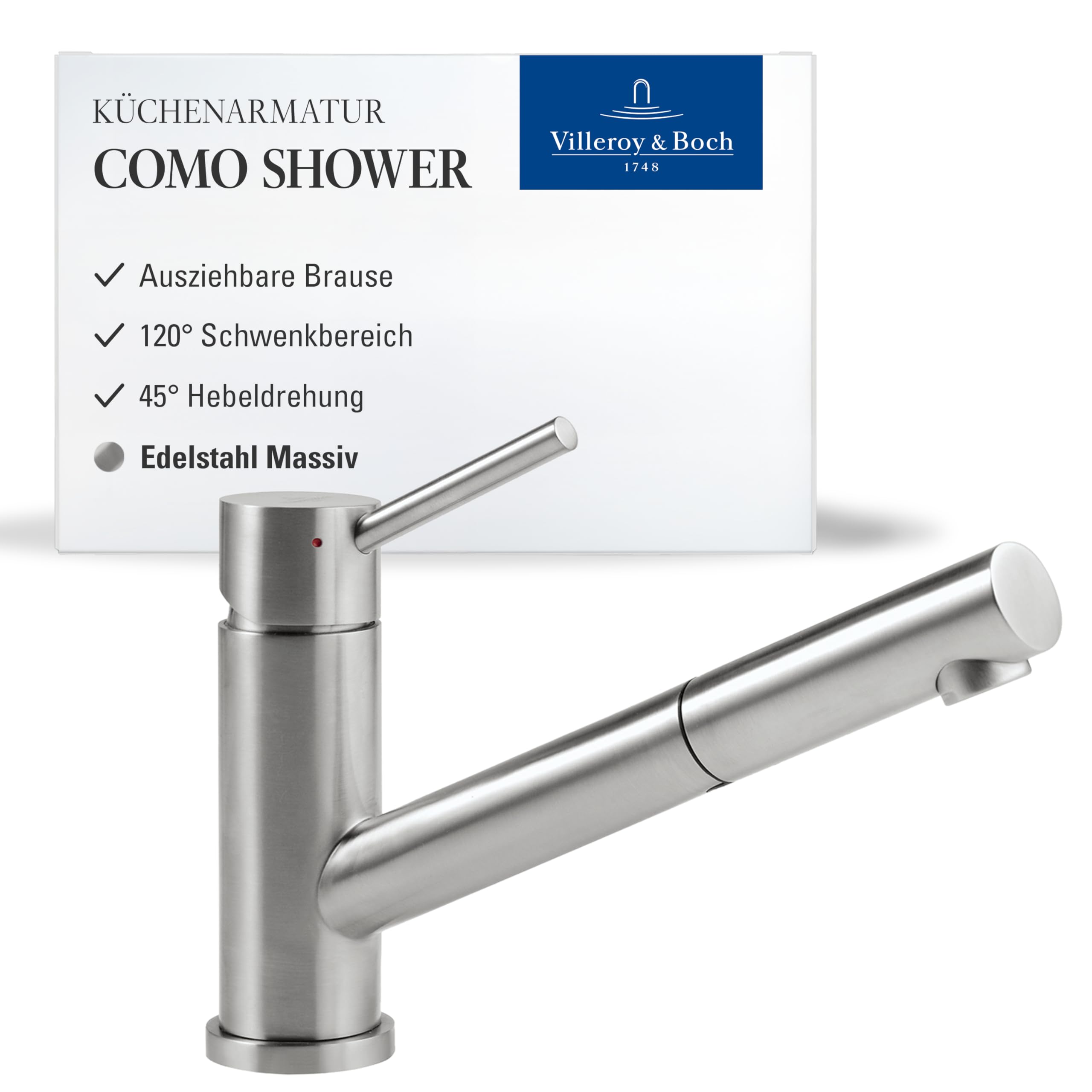 Villeroy & Boch Como Shower Küchenarmatur, Hochdruck, Wasserhahn Küche mit ausziehbarer Brause und 120° Schwenkbereich, Spültischarmatur wassersparend, Auslauf Höhe 120mm, Edelstahl massiv
