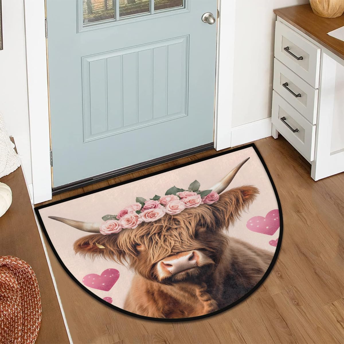 Front Door Mat Indoor Outdoor Entrance, Valentine's Highland Cow Half Round Door Mat Absorbent Non-Slip Backing Welcome Doormat Patio Entryway Low Profile Floor Mats for Kitchen Fireplace 36" x 24"