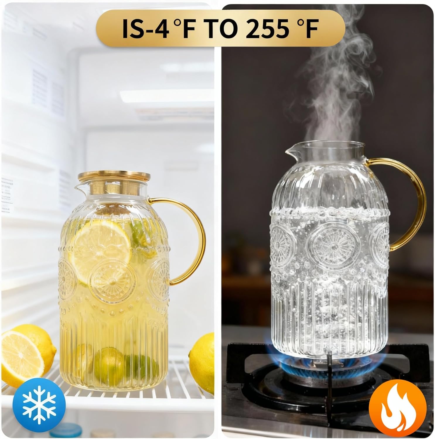 Amzcku Glass Pitcher with Lid, 1 Gallon/128 oz Vintage Water Pitcher,Water Carafe for Cold Brew, Coffee, Lemonade, Iced Tea,Beverage, Heat Resistant Water Glass Jug 1Pack