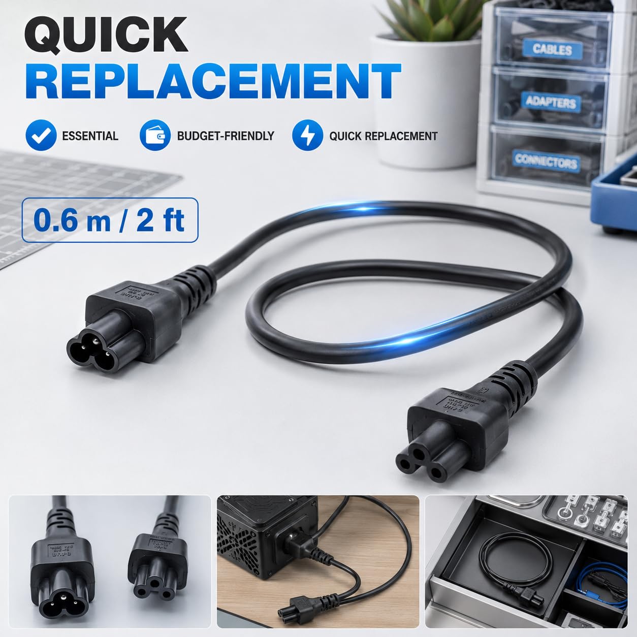 Hochwertiges Netzkabel C6 auf C5, IEC 320 C5 Stecker auf Buchse, 3-polig, für eine Vielzahl von Geräten, Monitore zu Druckern, 91 cm