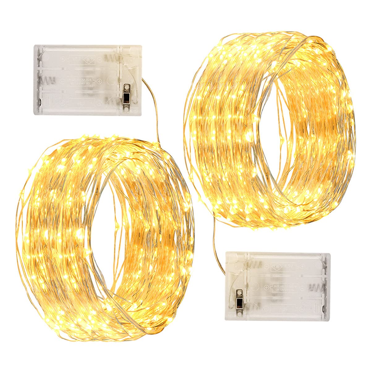 WALCHO Fairy Lights Battery Powered, 12M/39.4ft 120LED Waterproof String Lights, Flexible Silver Wire, Perfect for Bedroom Garden Wedding Christmas Party Decoration (Warm White, 2 Pack)