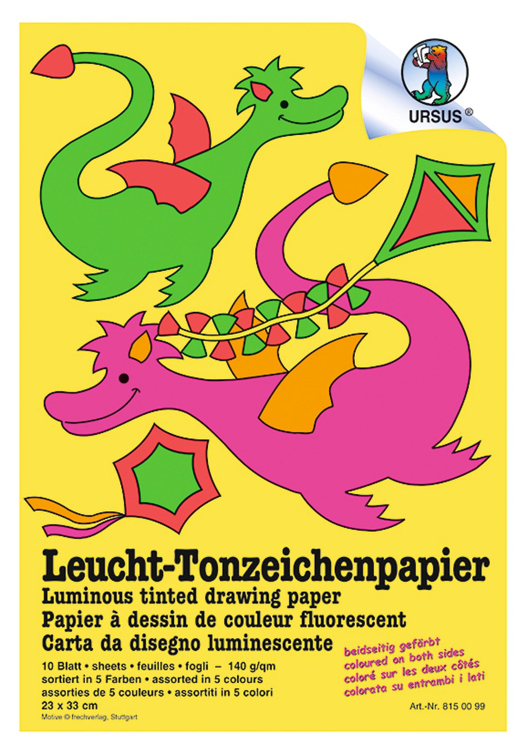 Ursus 8150099 - Luminous Coloured Drawing Paper, Approx. 23 x 33 cm, 140 g/m², 10 Sheets in 5 Different Neon Colours, Printed on Both Sides, Made of Fresh Cellulose, High Colour Balance and Fade Resistance