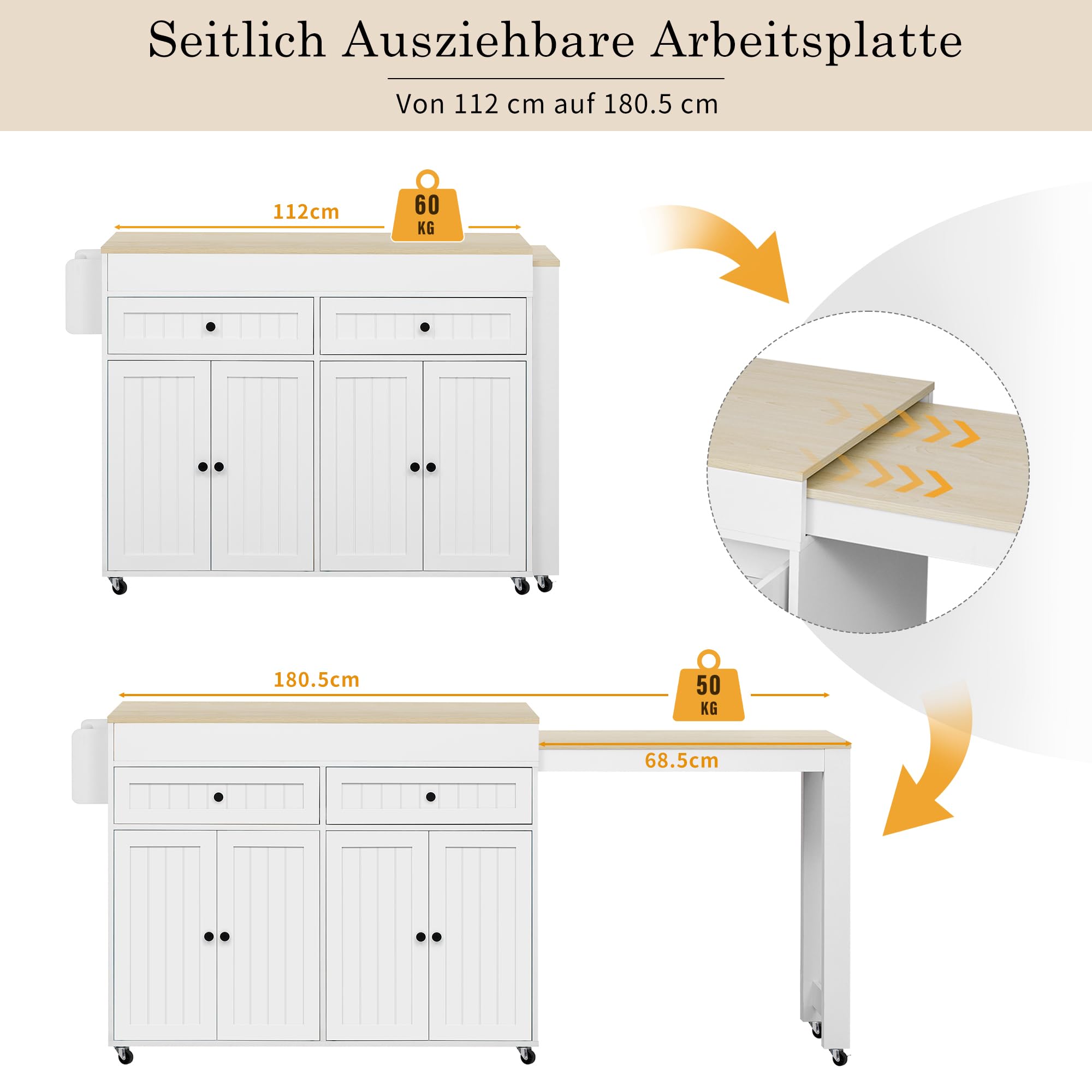 Îlot de cuisine sur roulettes avec 2 tiroirs, 4 portes, plan de travail extensible, table de bar extensible avec espace de rangement, table extensible, pour 2 à 6 personnes, chariot de cuisine