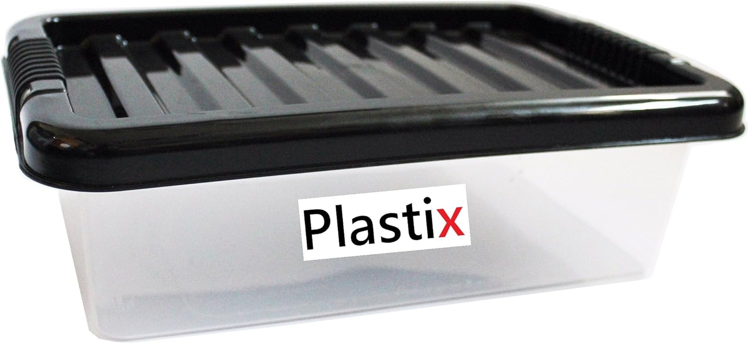 Set of 3 Clear Plastic Storage Box Boxes With Black Lids Home Office