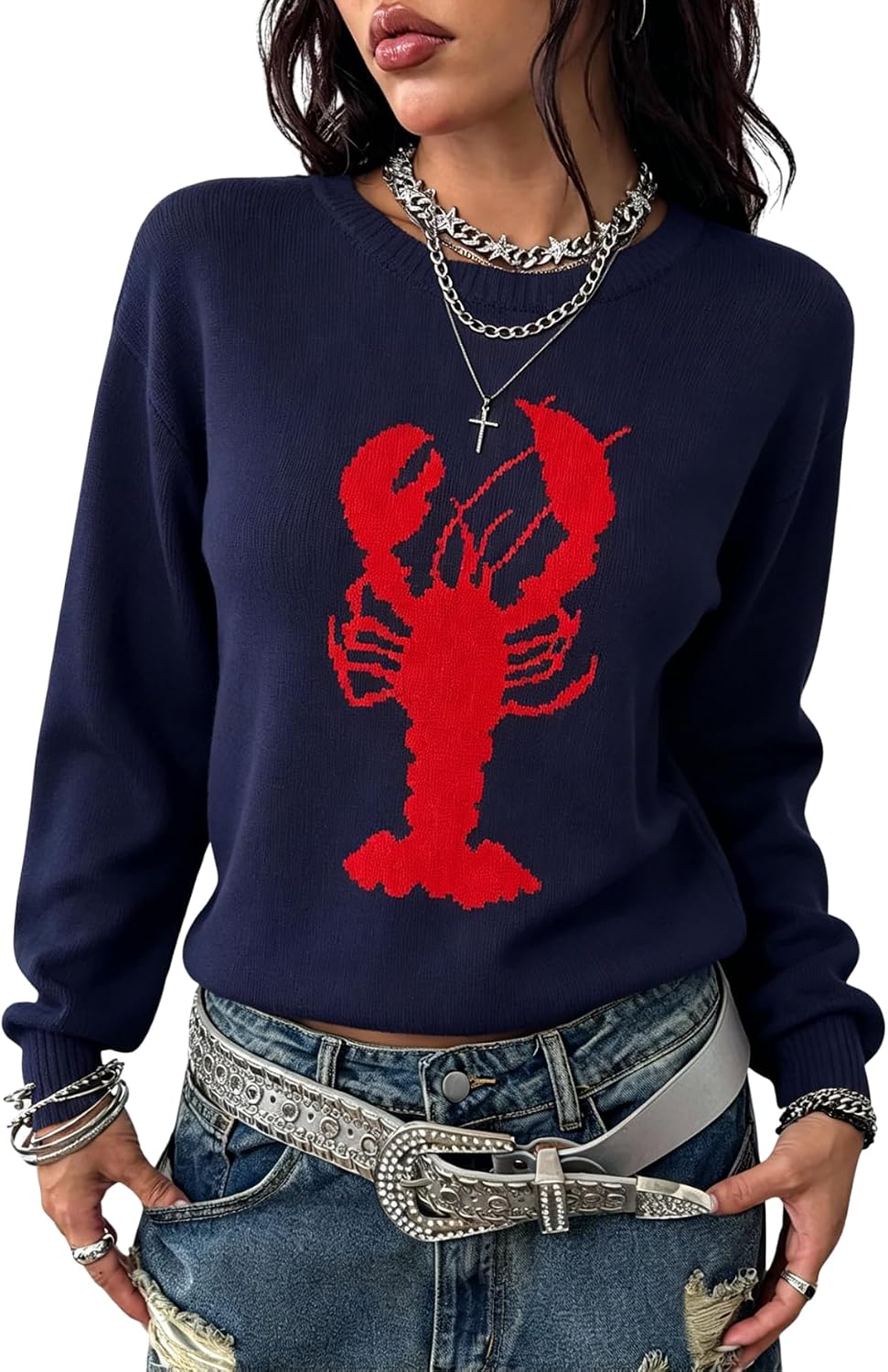 SOLY HUX Women's Graphic Lobster Sweaters Lightweight Knit Pullover | Crewneck Tops, Long Sleeve Funny Shirts