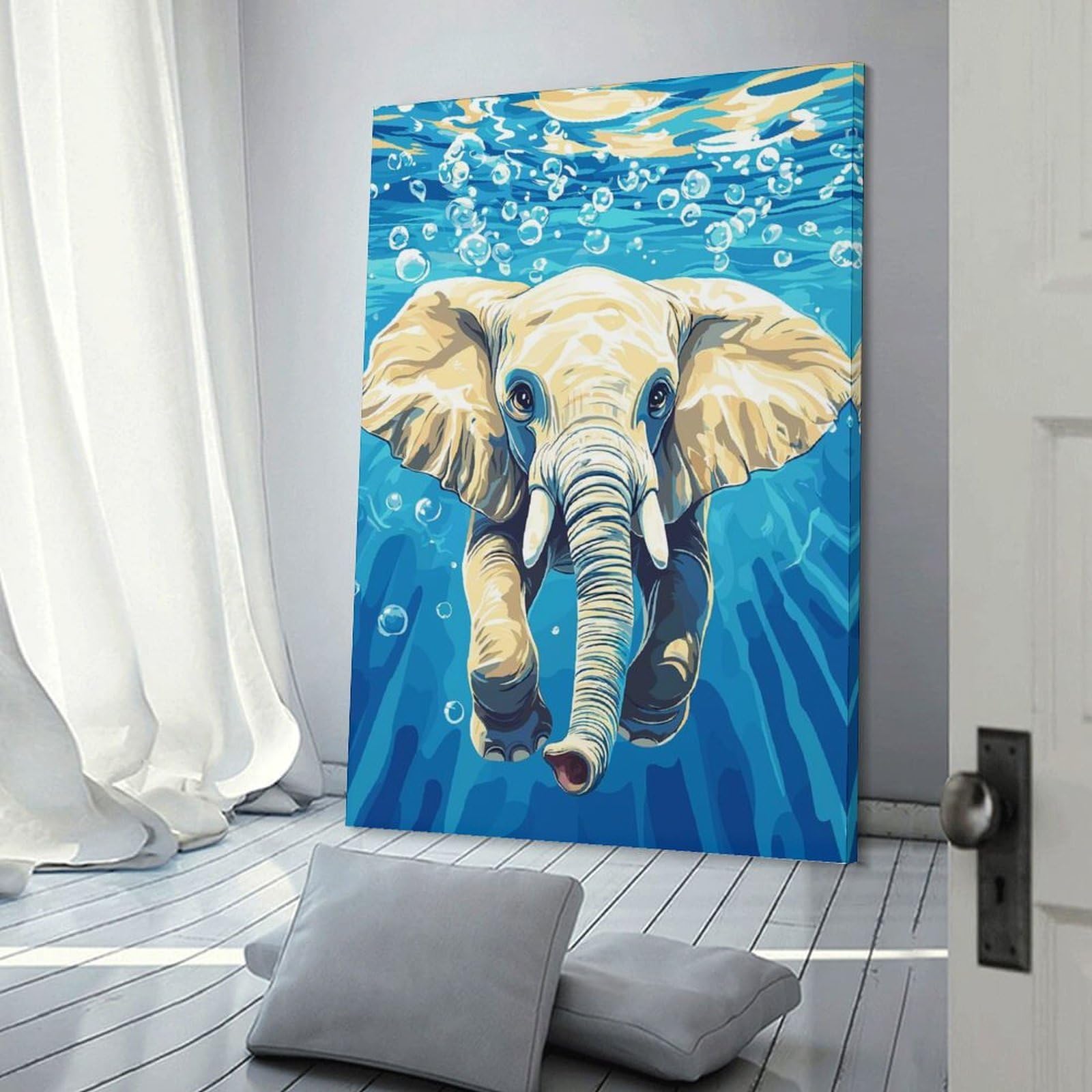 Junmoney Frame-Style-15 Elephant Swimming Underwater With Bubbles Wall Decor Canvas Print, 20X30inch(50X75cm), For Living Room, Lounge Or Sitting Room, Easy Decor For Gallery Walls
