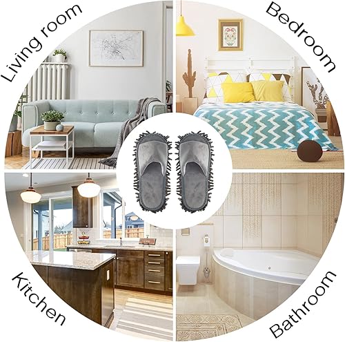 Vista 6 de Jecery 2 pares de pantuflas de limpieza de microfibra para limpieza de pisos, zapatos de mopa para hombres y mujeres, lavables, unisex, suministros