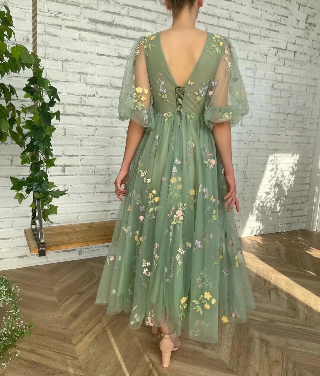 UZN Puffy Sleeves Prom Dresses Tulle Flower Embroidery Tea Length Formal Gowns V Neck Evening Party Dress