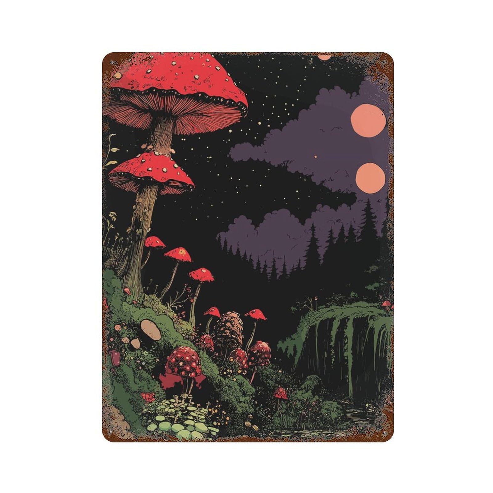 Decorative Tin Sign with Enchanted Mushroom Forest Design 15.7"x11.8", for Farmhouse, Kitchen And Entryway Decor, Decorative Metal Wall Art