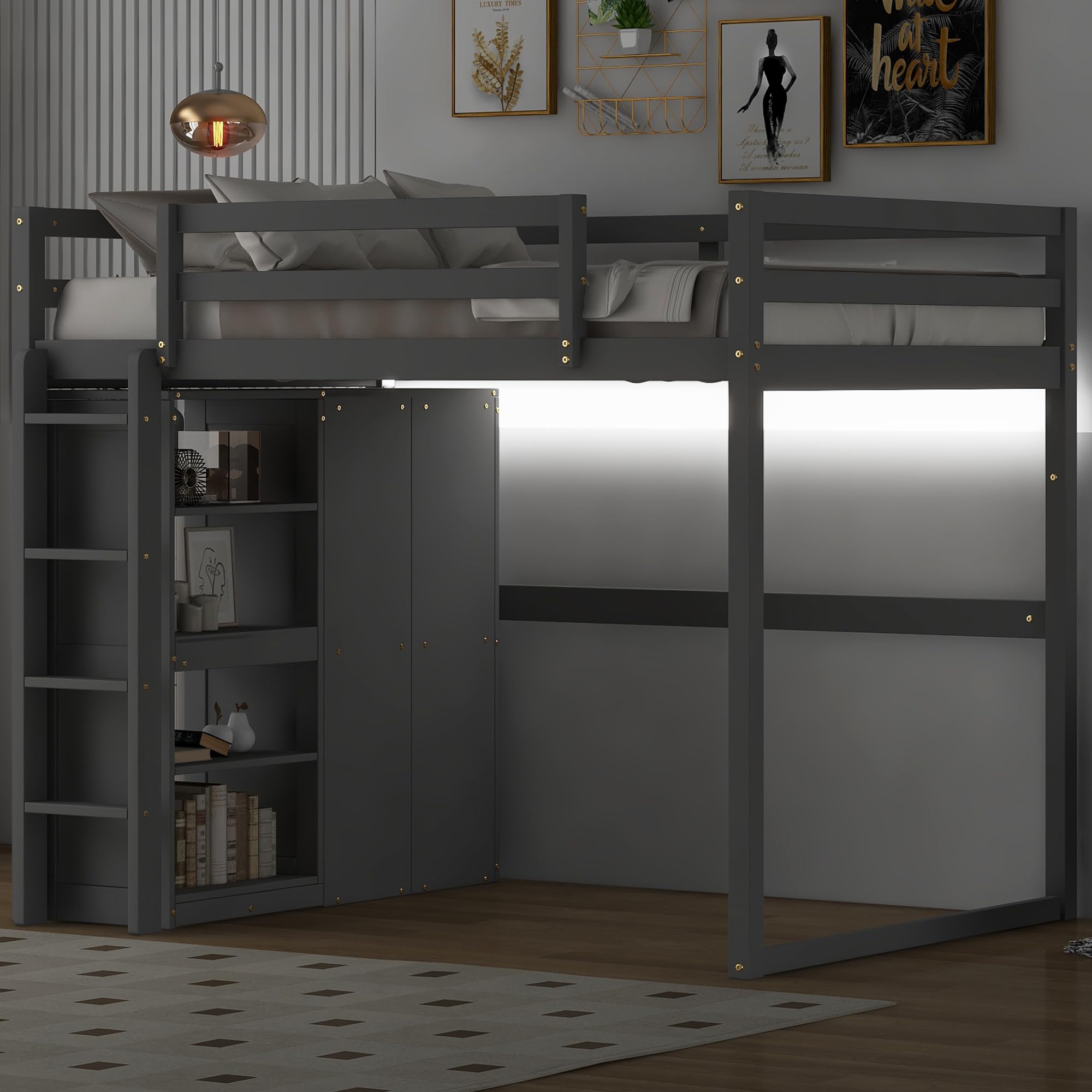 Solid Wood Loft Bed Full Size with Under-Bed Sapce & Wardrobe & Shelves & Led,Space Saving Loft Bed Frame with Guardrails and Ladder for Bedroom Guest