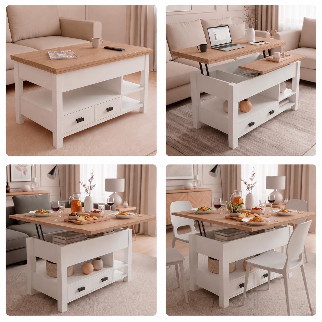 Marctani Table basse relevable 3 en 1 - Table basse en bois marron avec rangement caché et 2 tiroirs, meuble de salon extensible en bois MDF pour bureau et salle à manger