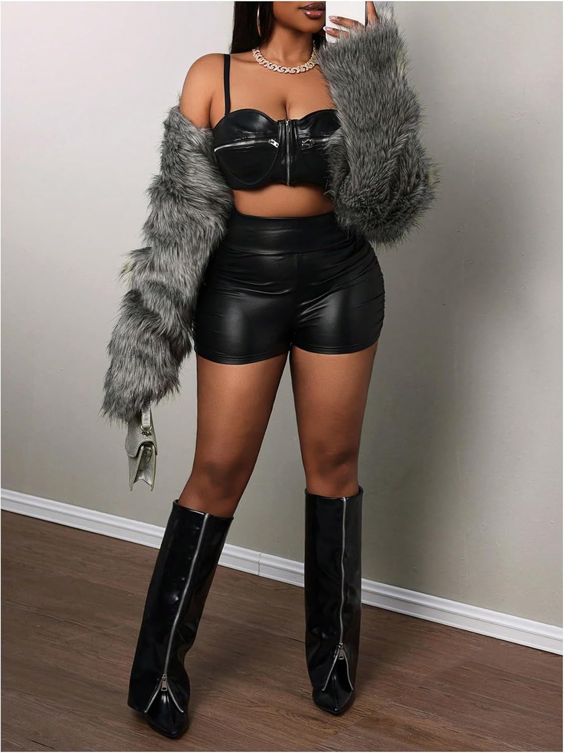 Verdusa Women's Ruched Faux Leather Mini Shorts High Waisted Booty Sexy Going Out Rave Shorts - Image 5