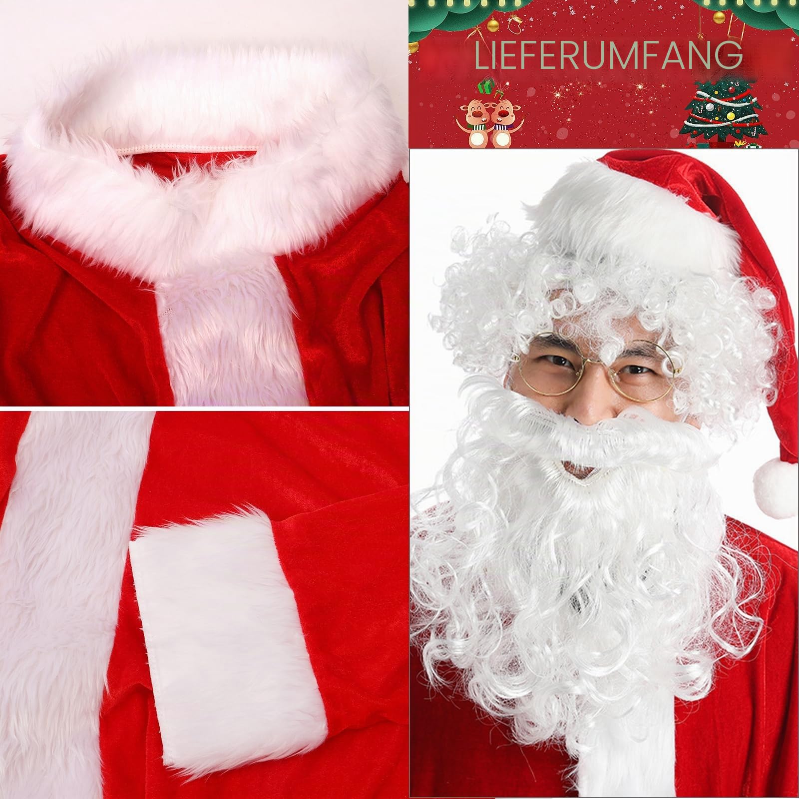 Weihnachtsmann Kostüm für Erwachsene Herren, 10 Stück Weihnachtsmann Kostüm mit Hut Bart Gürtel Handschuhen Glöckchen, Herren Weihnachtsoutfit für Weihnachts Cosplay Party (Rot, XXL)
