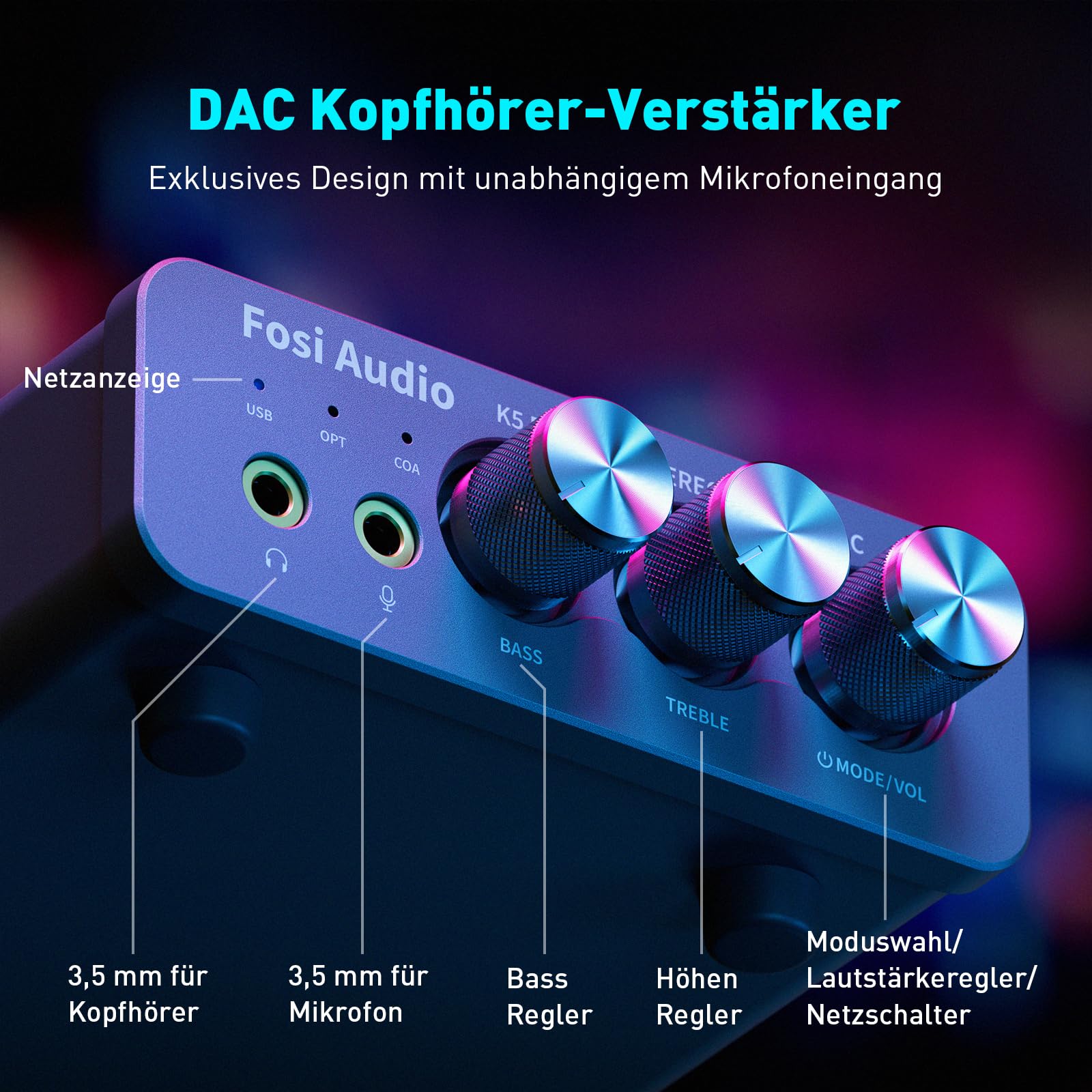 Fosi Audio K5 Pro Kopfhörerverstärker, USB C DAC Verstärker Kopfhörer HiFi, USB/Optisch/Koaxial/Mikrofon Eingänge auf 3,5 mm AUX/RCA Ausgang, Gaming DAC AMP Hi-Res für PS5/ PC/MAC/Aktive Lautsprecher