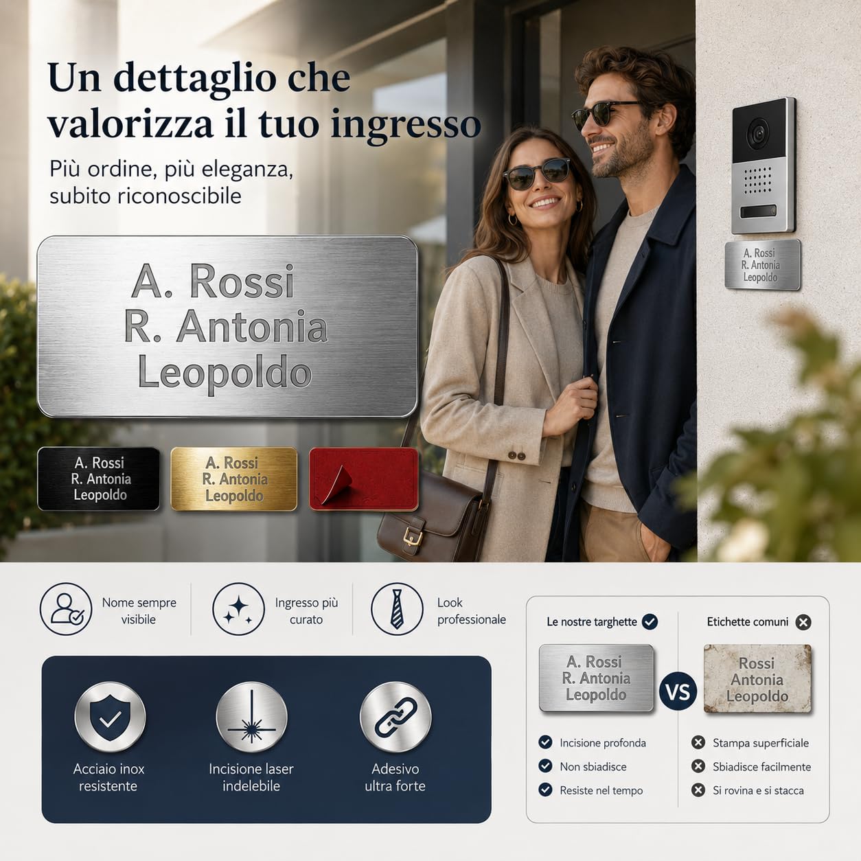 Targhetta Citofono Esterno Personalizzabile - Adesiva, in Acciaio Inox - Incisione Laser - Targhetta Personalizzata per Casa, Porta Ingresso, Armadietti, Cassetta Postale - 7x2cm (Oro)