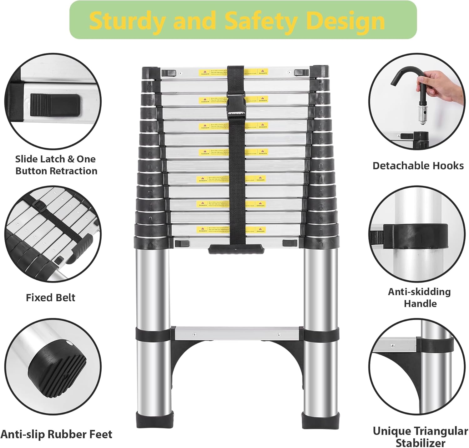 Telescoping Ladders 15.5 FT Aluminum Ladder - One-Button Retraction Collapsible Extension Ladder for Home,RV,Attic & Loft, Lasts 330 LBS with 2 Triangle Stabilizers and 2 Detachable Hooks