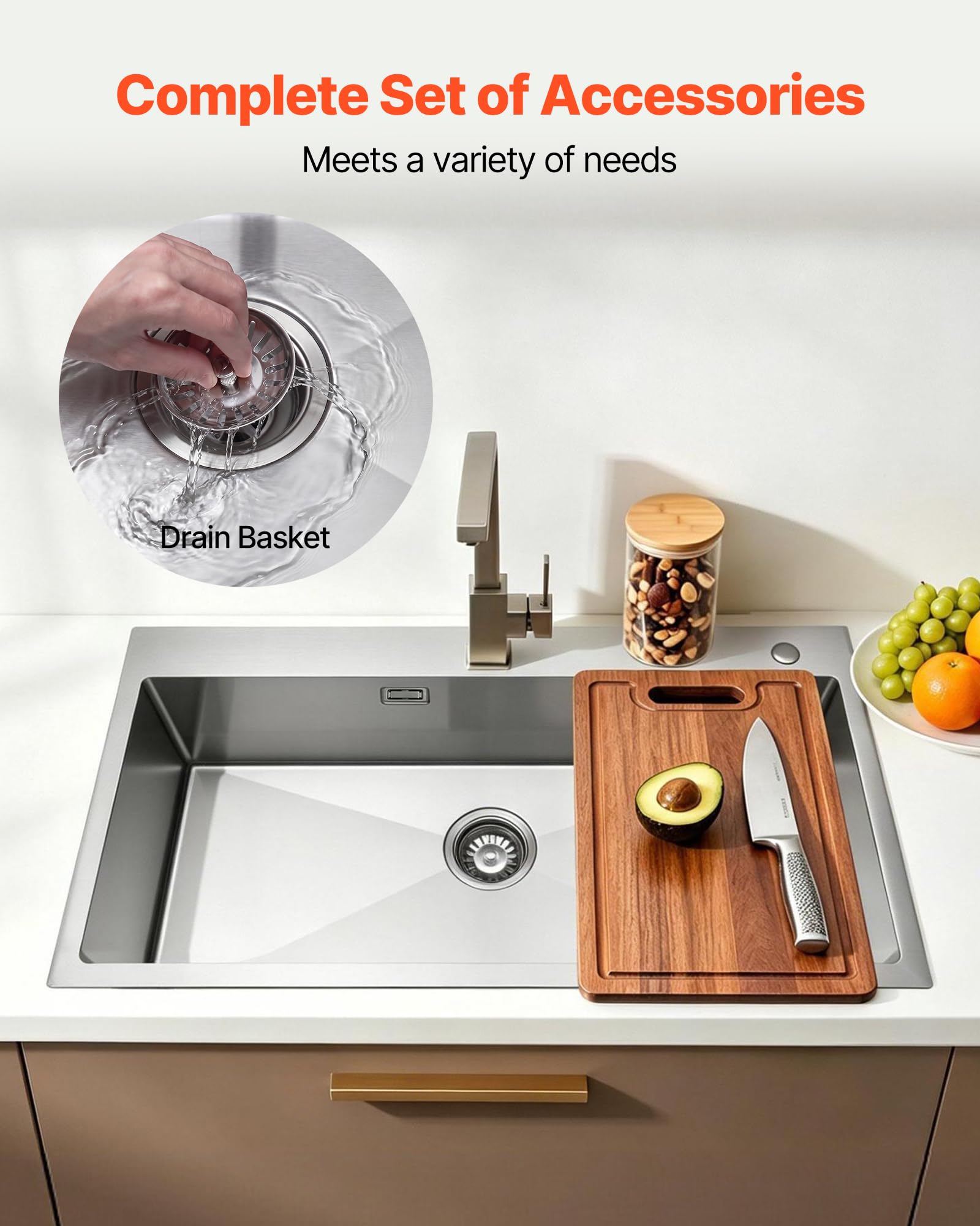 VEVOR Fregadero Sobre Encimera de 1 Seno, 850 x 450 x 190 mm, Fregadero de Cocina Empotrable de Acero Inoxidable, Esquinas Redondeadas, para Lavavajillas Domésticos, Cocinas Auxiliares, Lavaderos