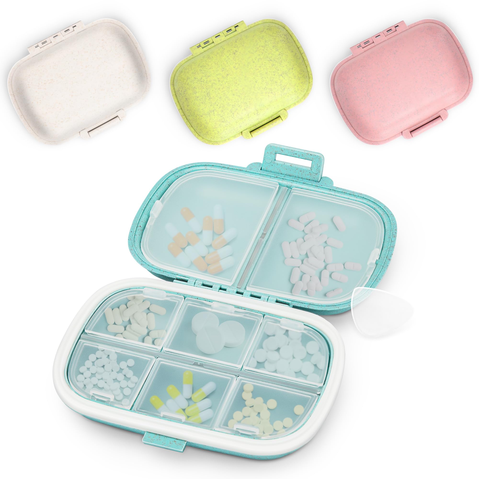 NINEMAX 4 Pack Portable Pill Box 8 Compartments, Travel Medicine Organizer, Small Medication Supplements Case Pocket Size for Men Women Elderly