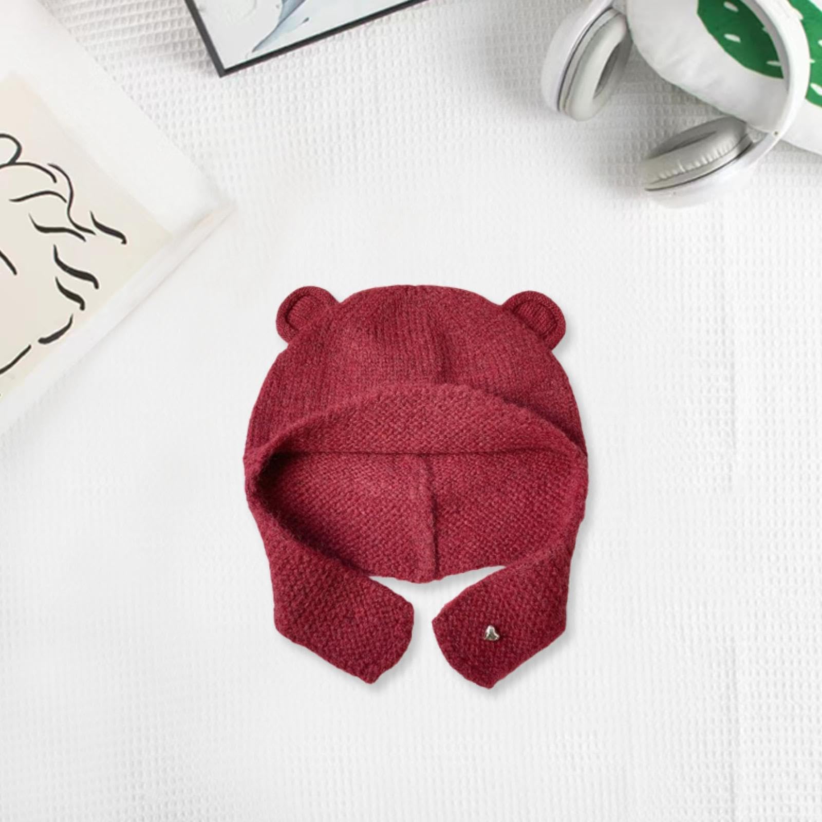 SM SunniMix Cute Bear Ear Knitted Hat Adorable Animal Earflap Hat for Camping Outdoor Hiking, Red