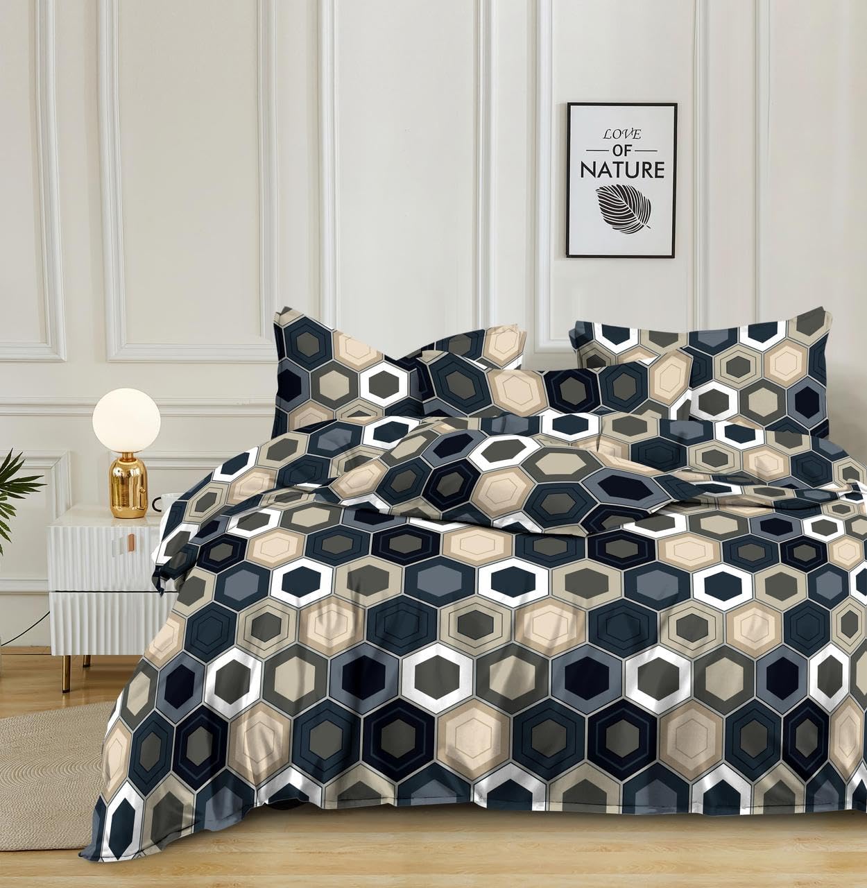 THE HOME STYLE Super Soft Glace Cotton King Size AC Comforter II Blanket II Duvet with 1 King Size Elastic Fitted Bedsheet 72"x78" Inch and 2 PiIIow Cover, 350TC (Pack of 4, Hexa Magic)