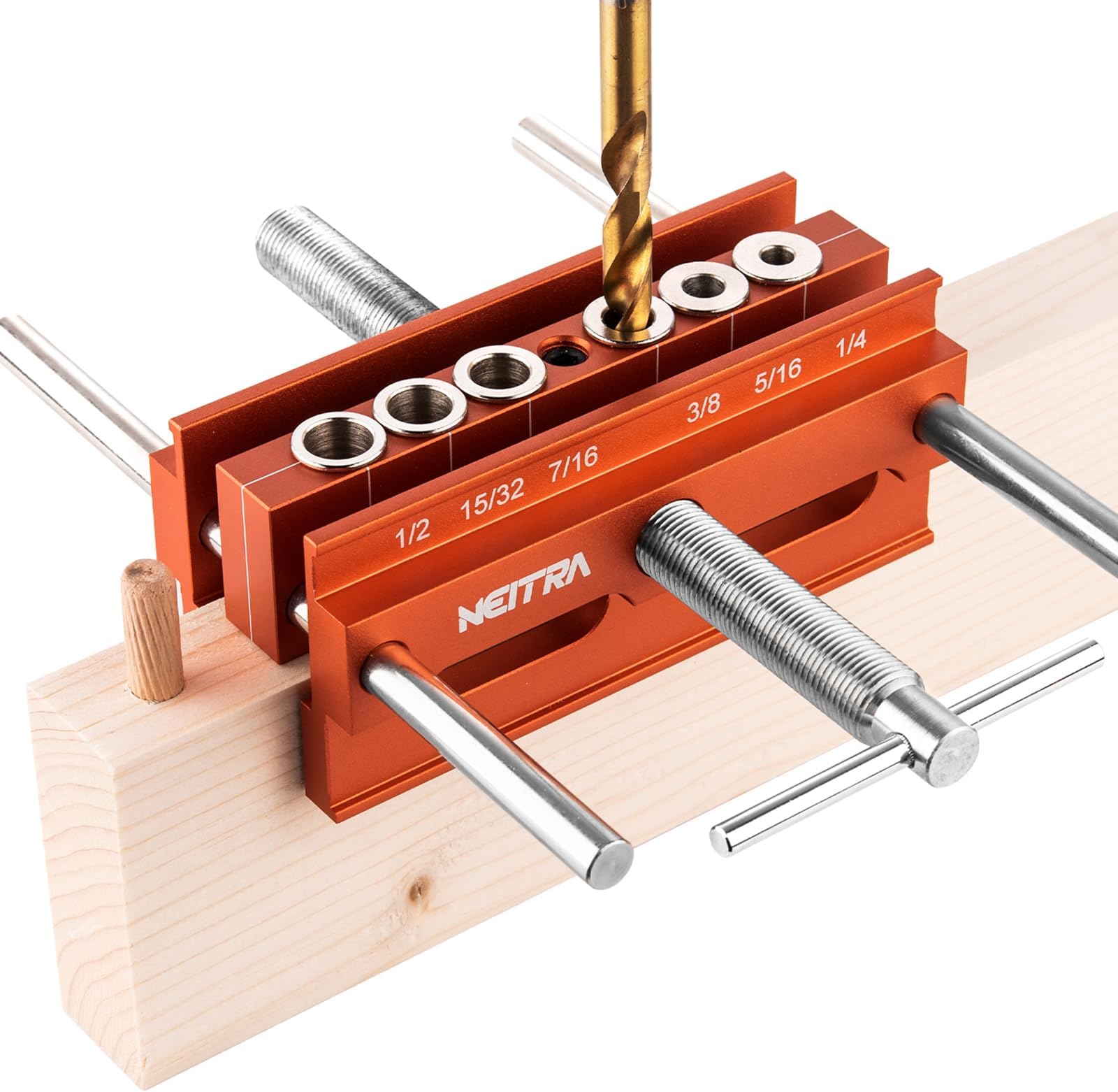 Neitra Self Centering Doweling Jig - 6 Drill Guides for Straight Holes, Adjustable Width Up to 6.75", All Metal Drilling Hole Kit for Wood Dowel Jig, Professional Woodworking Joints Tool