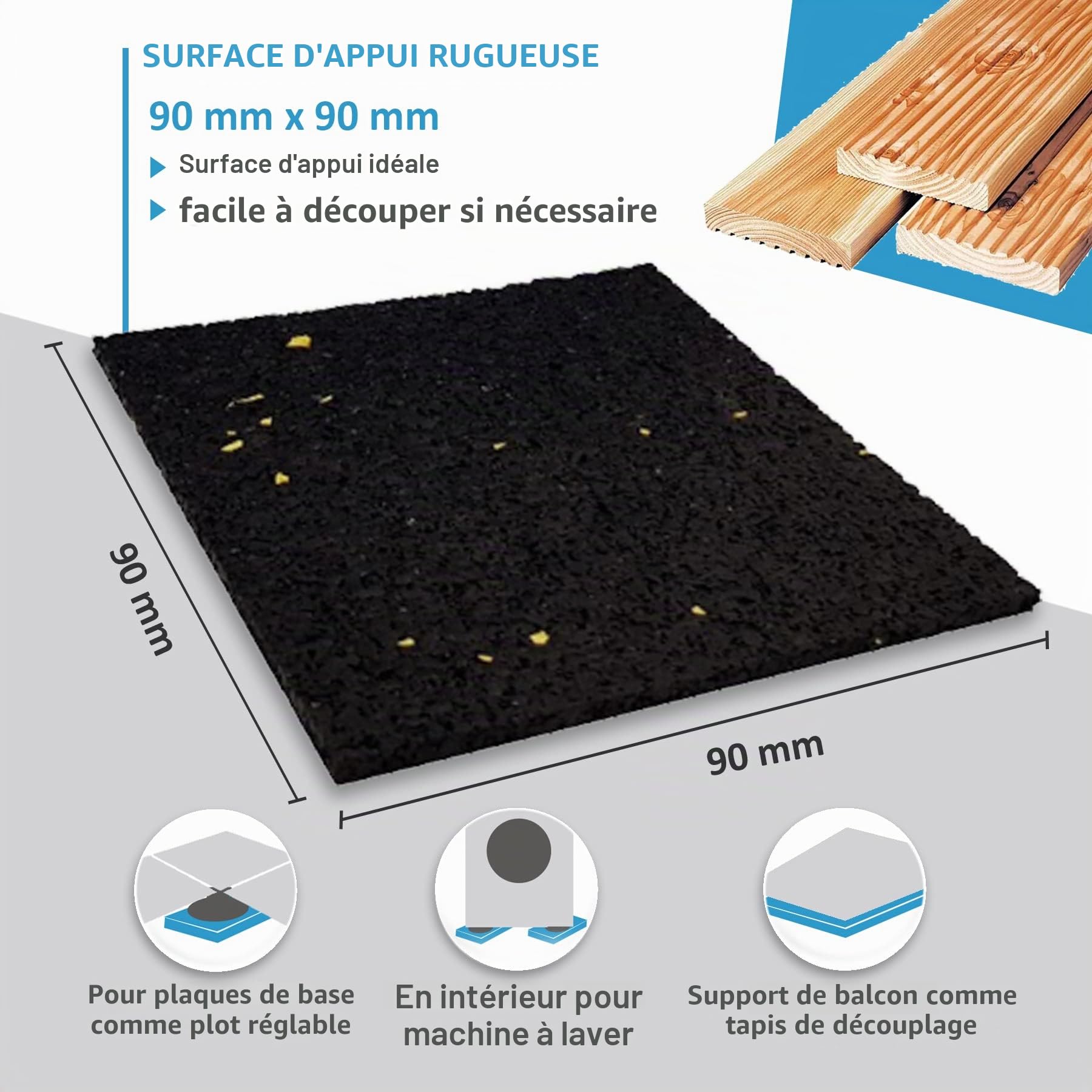My Plast 90 x 90 x 6mm I 200 pièces I des coussinets pour terrasse I granulés de caoutchouc I terrasse I comme support pour lames de terrasse et dalles de terrasse I comme tapis antidérapant I