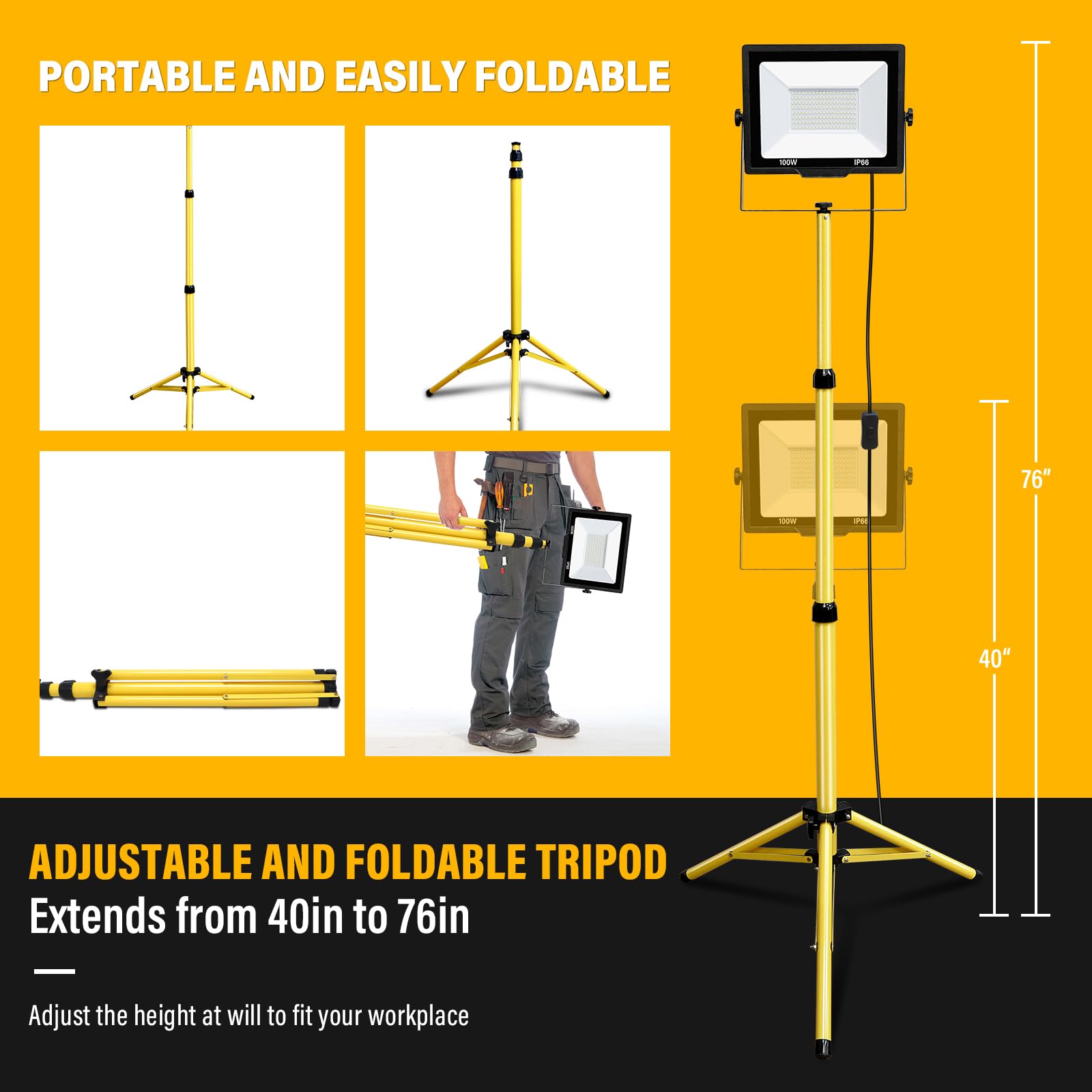 AUXTINGS 100W Foco de Trabajo LED,9000 lumen Impermeable Foco LED Portátil con Giratorio 360º,Soporte plegable,para Uso en Interiores y Exteriores, Obra, Taller, Garaje,6000K Luz Blanca