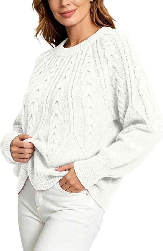 Womens Chunky Cable Knit Sweaters Crewneck Pullover