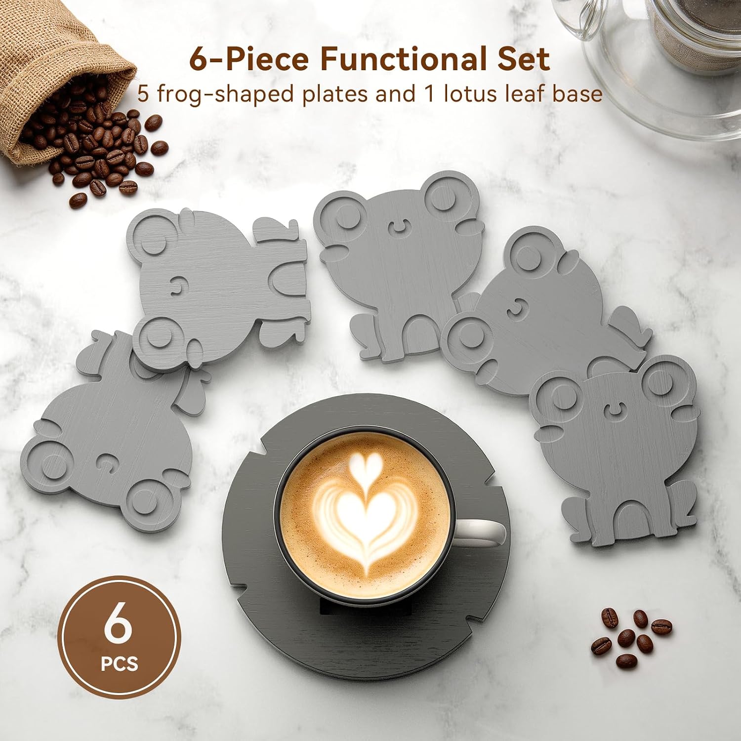 6-Piece Bamboo Frog Coaster Set with Lotus Leaf Holder-Dual Tone image 4
