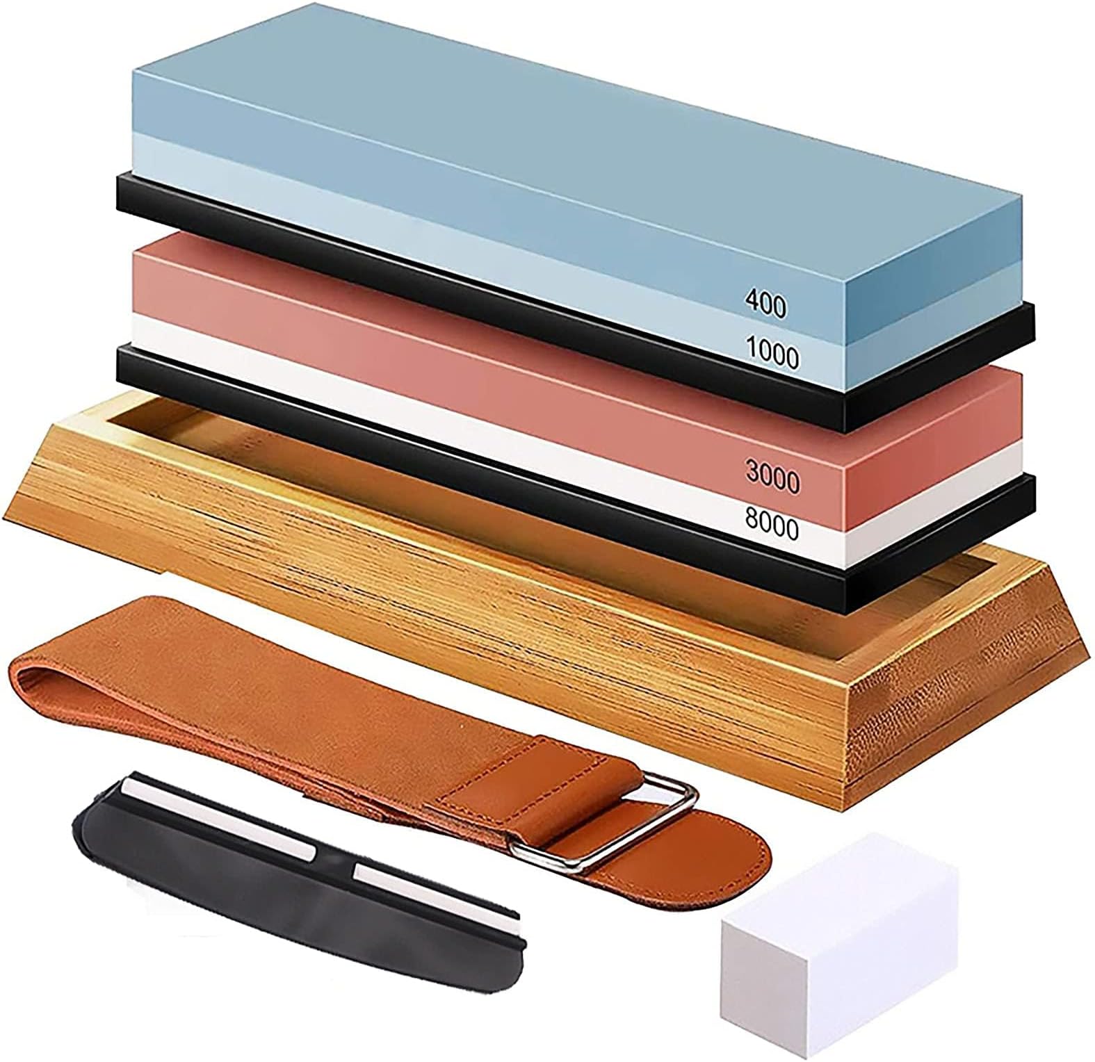 Knife Sharpening Stone Set,Professional Sharpener Stone Kit 400/1000 3000/8000, Whetstone Kit With Non-slip Bamboo Base, Flatting Stone, Angle Guide, and Leather (Multicolor)