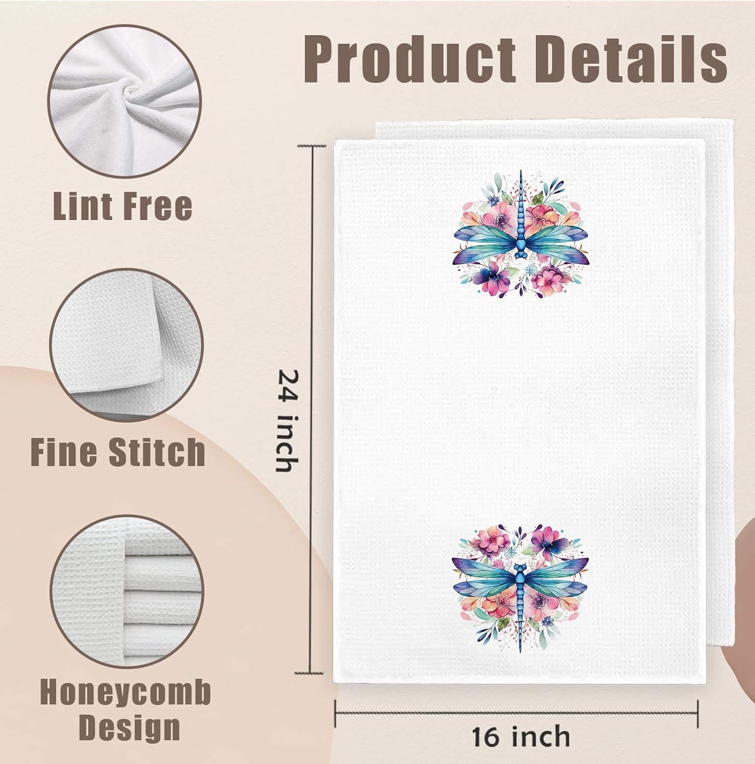 Watercolor Dragonfly Kitchen Towels, Rustic Floral Botanical Insect Hand Towels for Bathroom, Dragonfly Gifts for Women Decorative Dish Tea Towel, 16x24 Inch Set of 2 - Image 7