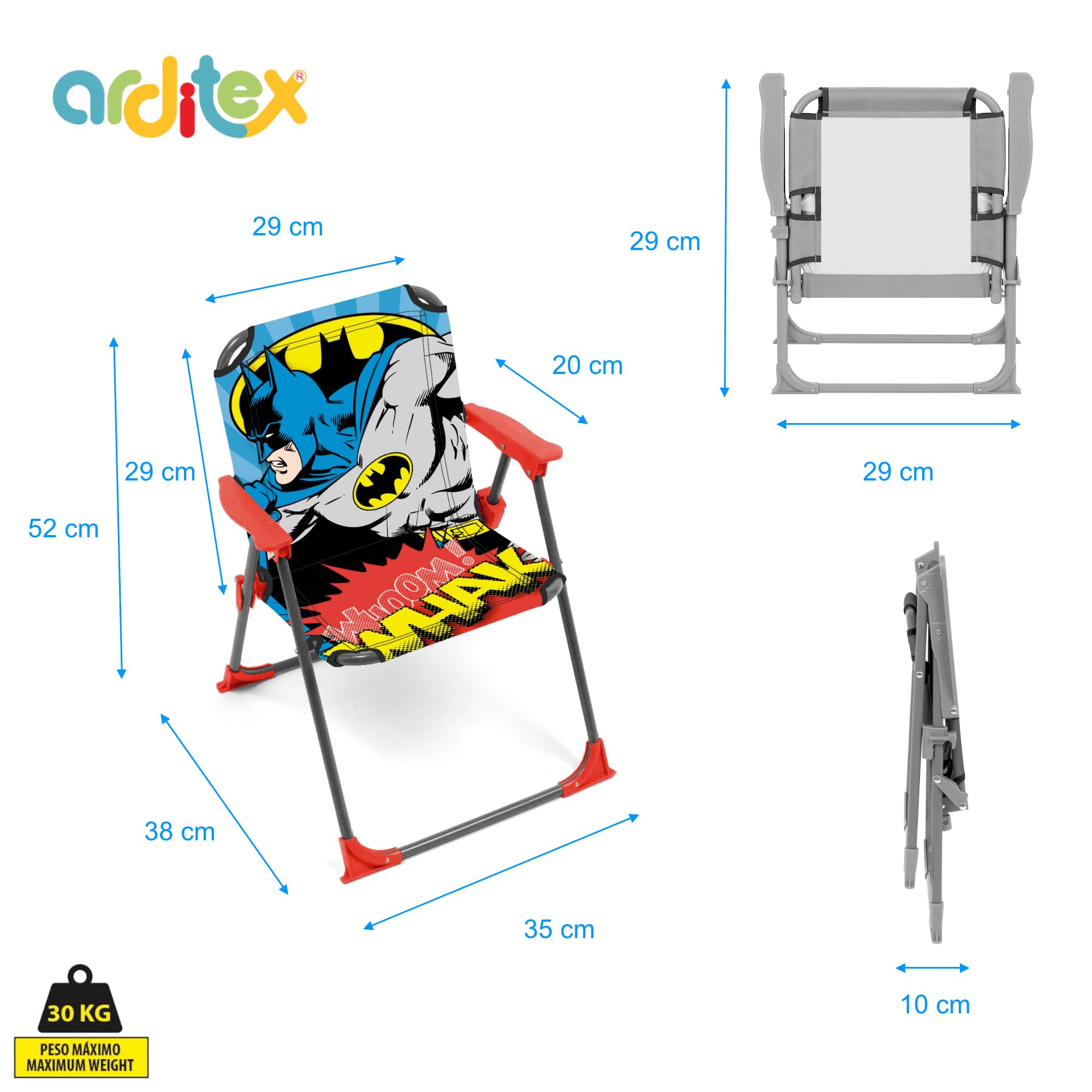 ARDITEX Krzesło składane z ramionami Batmana firmy DC Comics - 38 x 32 x 53 cm - Nadaje się do ogrodu, na kemping, plażę lub w górach - idealne dla chłopców i dziewcząt.
