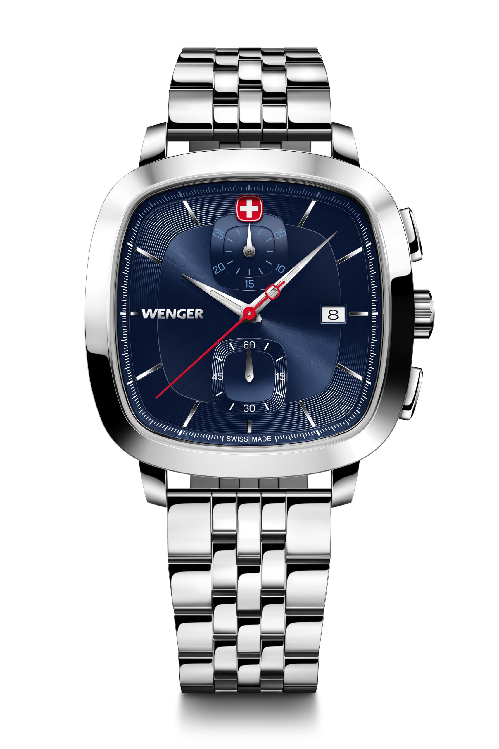 WENGER Vintage Classic Chrono | Swiss-Made Mens Chronograph Wrist Watch | Squircle Case, Quartz, Blue Dial, 40mm, 50M Water Resistant | Stainless Steel Strap | 01.1933.103 (B0CJMC59ZG) Amazon Price History, Amazon Price Tracker