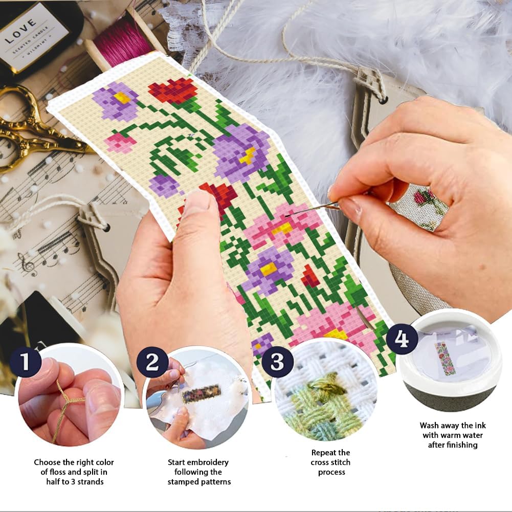 INFUNLY 6 Set Wildflowers DIY Cross Stitch Bookmark Kits for Beginners Colourful Flowers Counted Cross Stitch Kit with Instruction Floral Stamped Embroidery Bookmark Kit for Book Lovers Readers Gift
