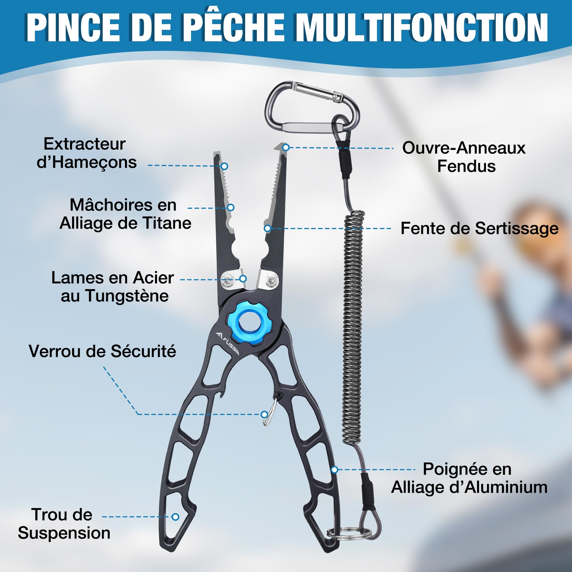 FLISSA Pince de Pêche Légère en Alliage d’Aluminium | Pince de Pêche Multifonction avec Coupe-Fil, Ouvre-Anneaux, Cordon et Étui, Idéale pour la Pêche en Mer et en Eau Douce