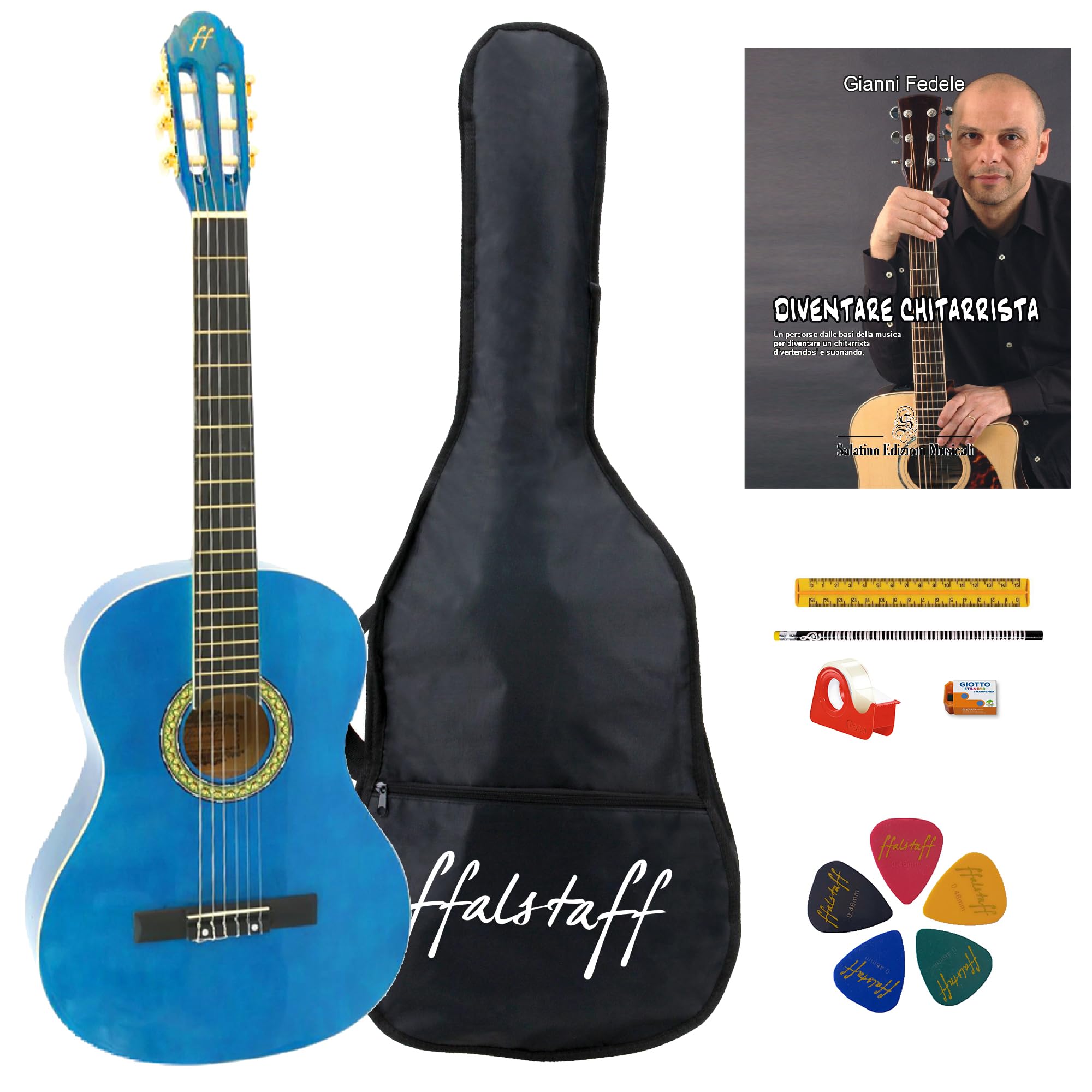 Chitarra Classica 4/4 Accademy ffalstaff ® con Borsa, Libro, 5 Plettri e Kit Cancelleria (Dim. 99 cm, Colore Blu)