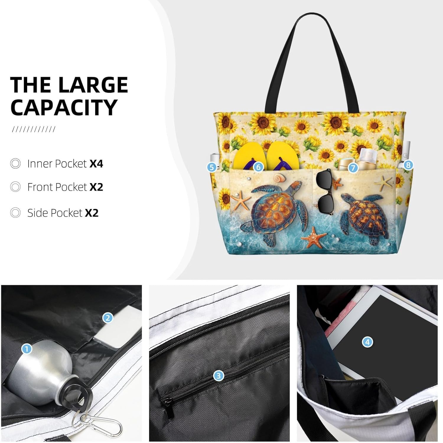 Beach Tote Bag, Large Capacity Shoulder Bag for Summer Vacation, Stylish Carry All for Beach Essentials Womens (Sunlower Beach Turtle, One Size)