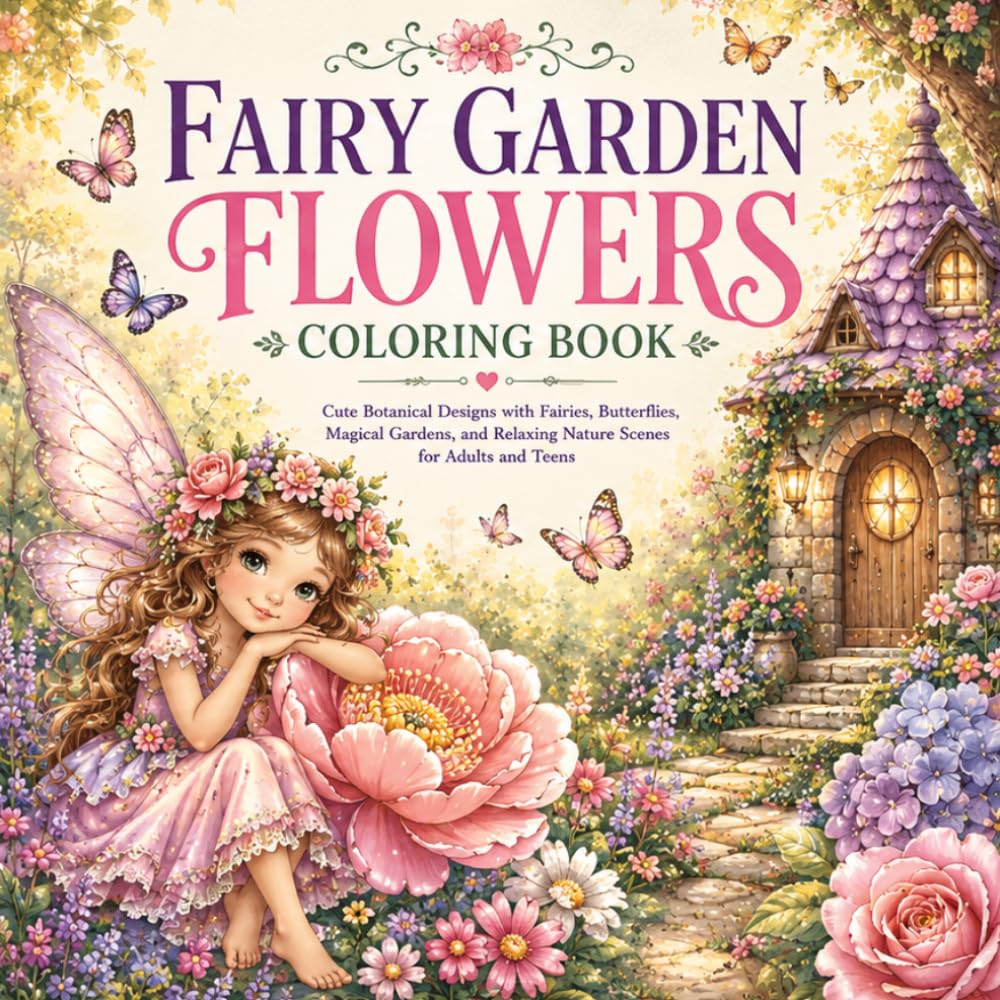 Fairy Garden Flowers Coloring Book: Cute Botanical Flower Designs with Fairies, Butterflies, Magical Gardens, and Relaxing Nature Scenes