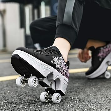 Roller Skate Shoes for Men Women, 2-in-1 Double-Row Deform Wheel Roller Skates, Boy Girl Sneakers with Removable Wheels, Indoor Outdoor Skates Shoes