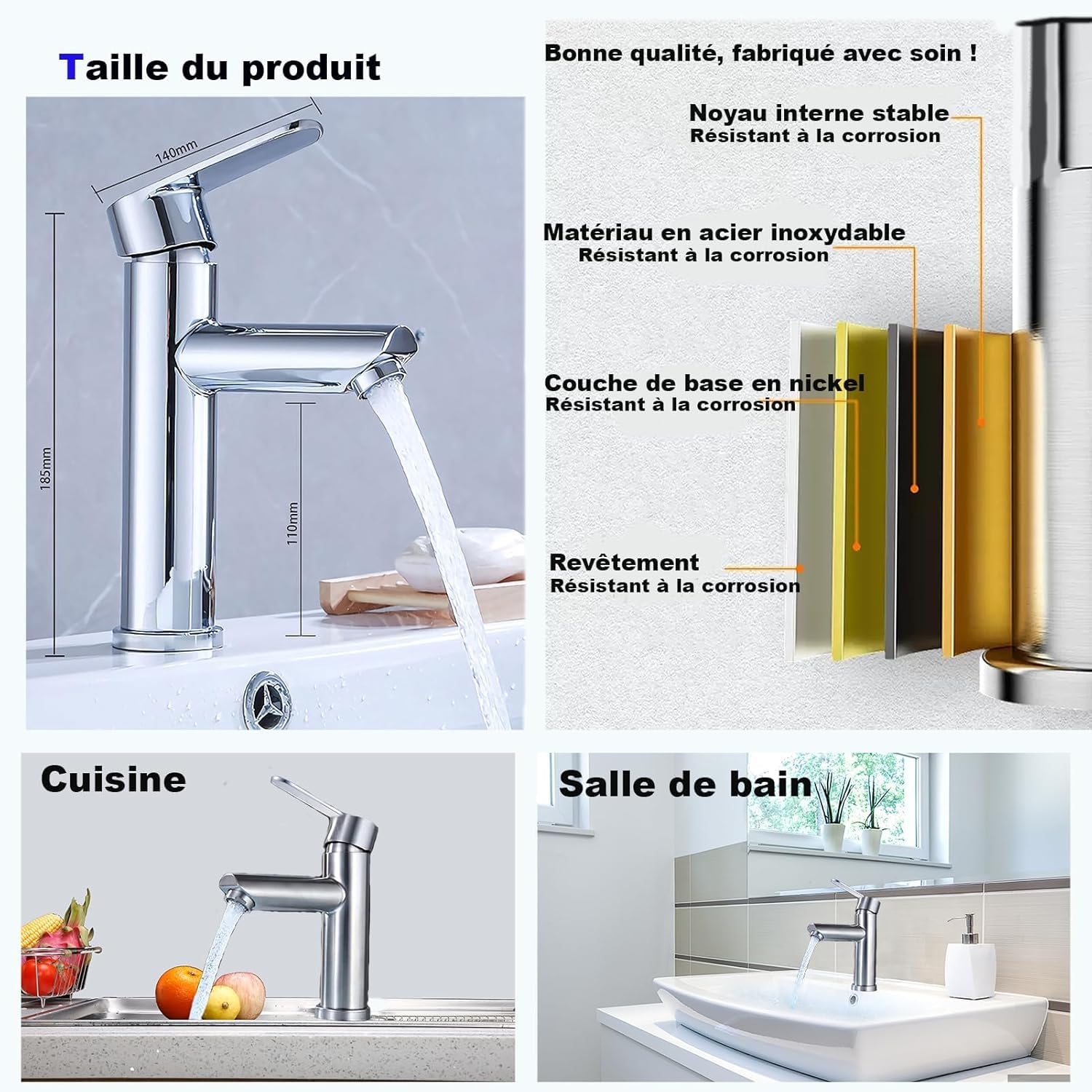 Robinets de lavabo et salle de bain chauds et froids en acier inoxydable, avec économie d'eau silencieuse et sans égouttement pour salle de bain, lavabo, petits robinets de cuisine (brossé)