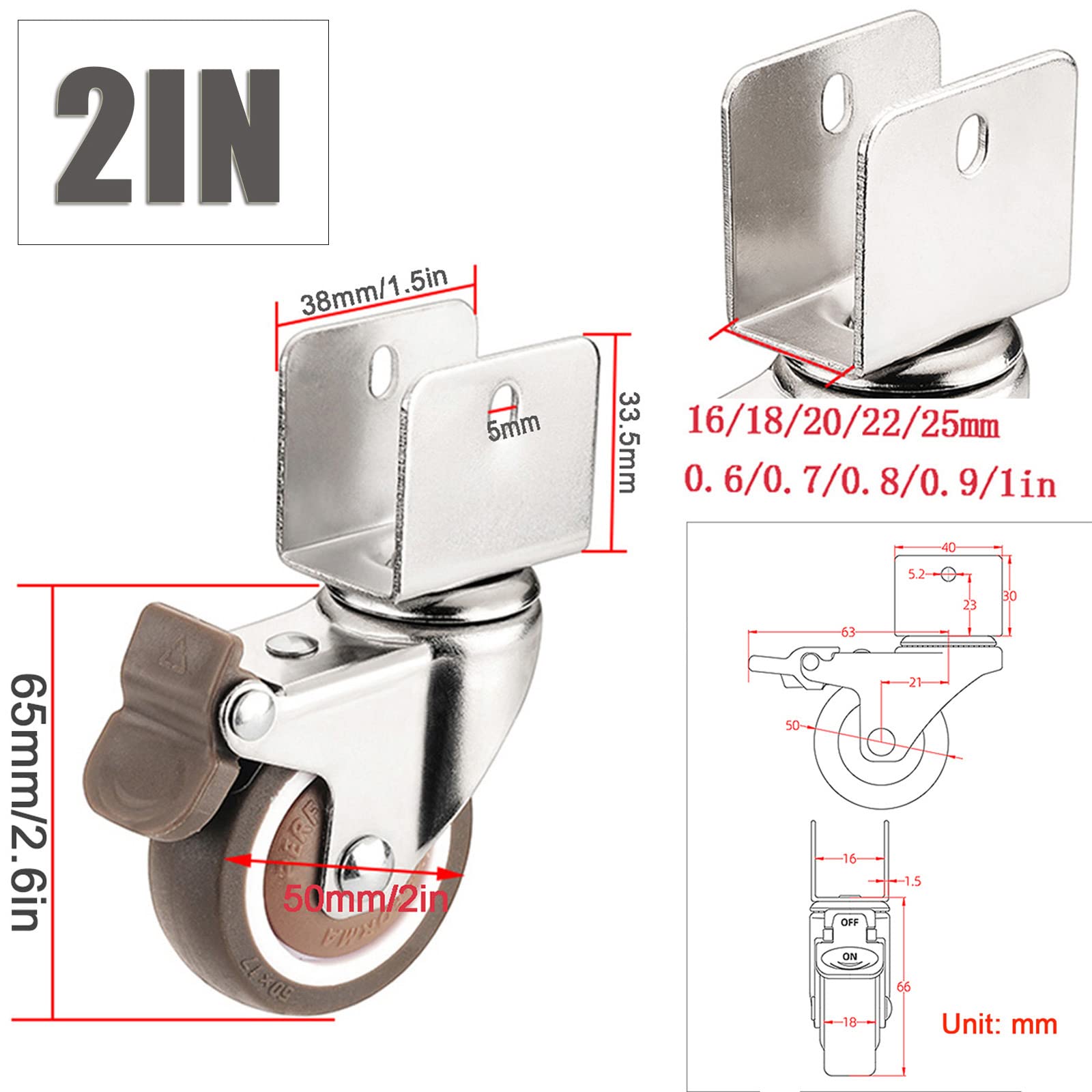 Rotelle di ricambio per mobili da 4 pezzi, rotelle da trasporto con freno, ruote con stecca a forma di U da 16/18/20/22/25 mm, rotelle universali, per supporto per fiori, culla, carrelli, 22 mm (25 mm