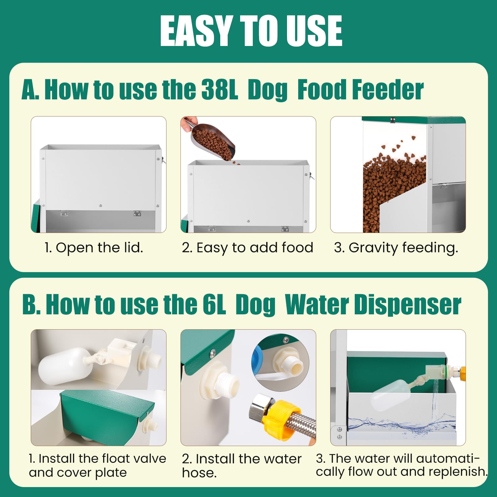 2 en 1 Dispensador Automático de Comida y Agua para Perros 38L Dispensador Automático de Comida para Perros de Raza Grande Dispensador de Agua para Perros al Aire Libre Alimentador de Gravedad