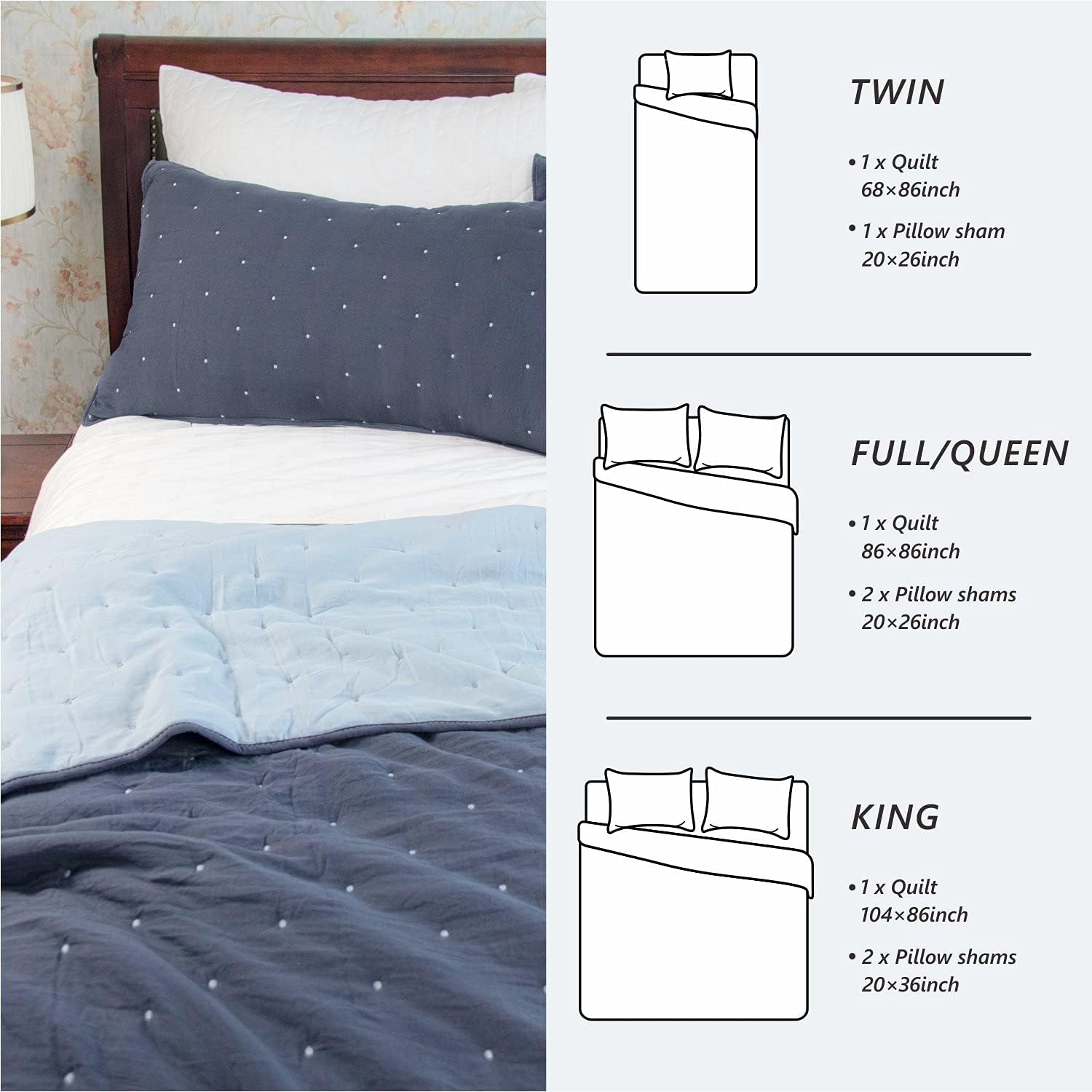 HARORBAY Double Sided Dotted Stiching Quilted Bedspread Set Reversible Pattern, Brushed Durable Fabric Light Weight Coverlet Quilt Set for All Season Use Navy Blue/Light Blue, Twin/Twin XL 2 Shams